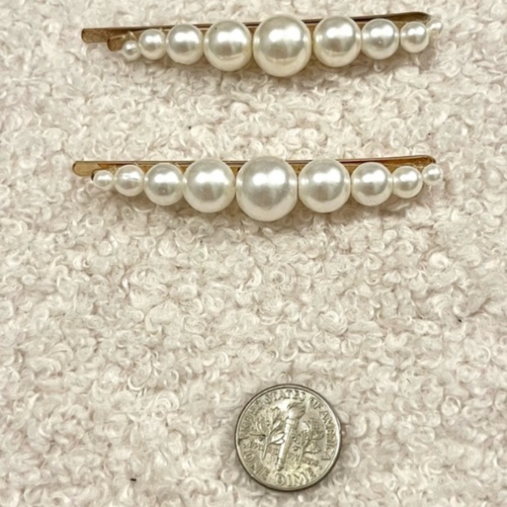Ivory Pearl gold hairpin clip barrettes pair glam glitz bridal flower girl prom - Picture 3 of 9